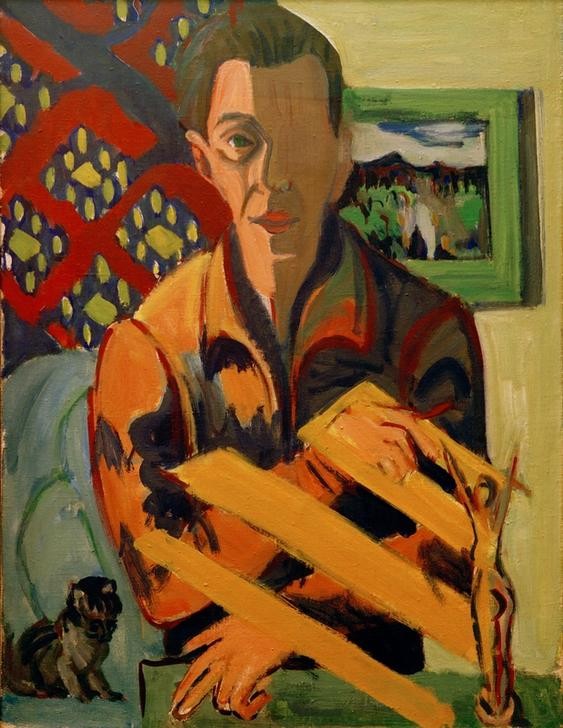 Ernst Ludwig Kirchner, Selbstbildnis (Deutsche Kunst,Katze (Tier),Künstler,Kunst,Maler (Künstler),Mann,Selbstbildnis,Portrait,Expressionismus,Die Brücke,Haustier,Person)