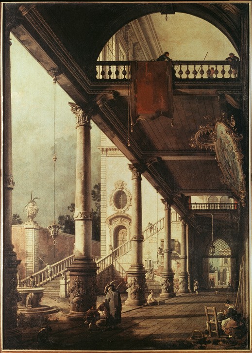 Giovanni Antonio Canaletto, Capriccio mit Kolonnade und Innenhof (Säulenreihe, Gebäude, Treppe, Architekturdarstellung, Italien,  Barock, Vedute, Klassiker, Wunschgröße, Wohnzimmer)