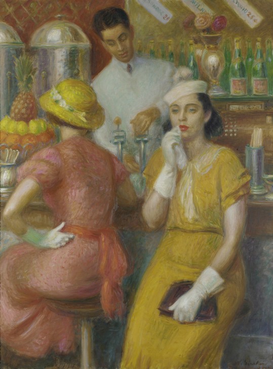 William Glackens, Der Soda-Brunnen (Ananas,Ausschank,Bar,Damenmode,Frau,Gastronomie,Kunst,Mineralwasser,Obst,Wasser,Hut,Realismus,Flasche,Genre,Amerikanische Kunst,Kneipe,Trinkwasser,Kleid,Barkeeper,Dame,Us-Amerikanische Kunst,Sodawasser,Stab,Soda,Restaurant,Lokal,Cafe,Kneipe,Theke (Lokal),)