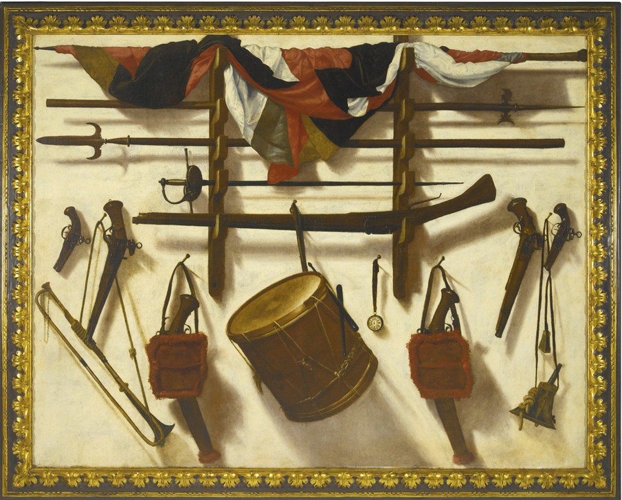 Vincente Victoria, Trompe l'oeil with a Gun rack (Trompete,Uhr,Barock,Pistole,Stillleben,Eleganz,Trommel)