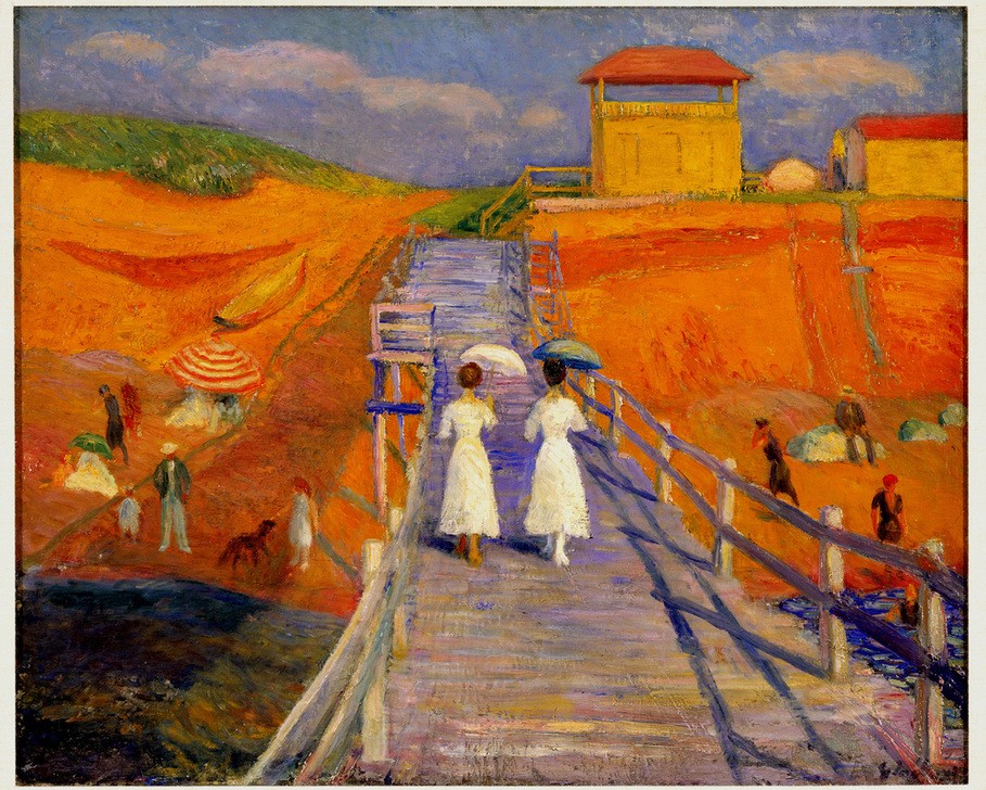 William Glackens, Cape Cod Pier (Ausflug,Gesellschaft,Jahreszeiten,Kind,Kunst,Landschaft,Mensch,Freizeit,Sommer,Strand,Hund,Realismus,Sonnenschirm,Amerikanische Kunst,Poesie,Dame,Us-Amerikanische Kunst,Müssiggang,Gehen,Farbe,Ashcan School)