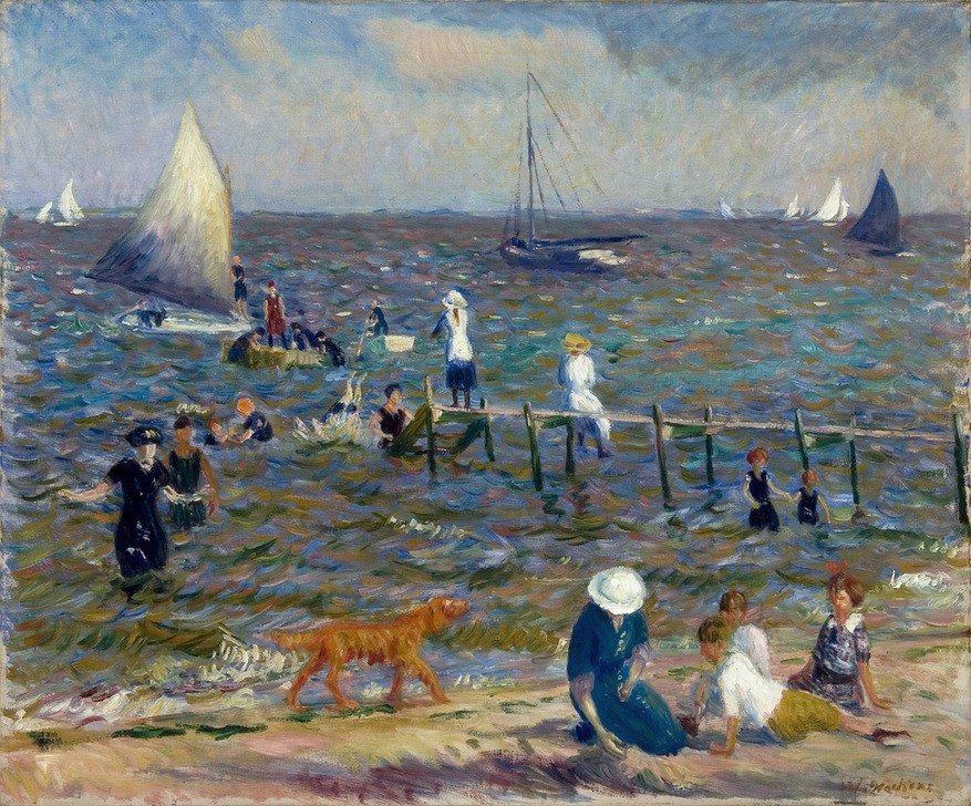 William Glackens, Der kleine Pier (Boot,Frau,Gesellschaft,Jahreszeiten,Kind,Küste,Kunst,Landschaft,Freizeit,Schiff,Sommer,Strand,Meer,Hund,Realismus,Wind,Amerikanische Kunst,Poesie,Us-Amerikanische Kunst,Ansicht,Natur,Signatur,Ashcan School)