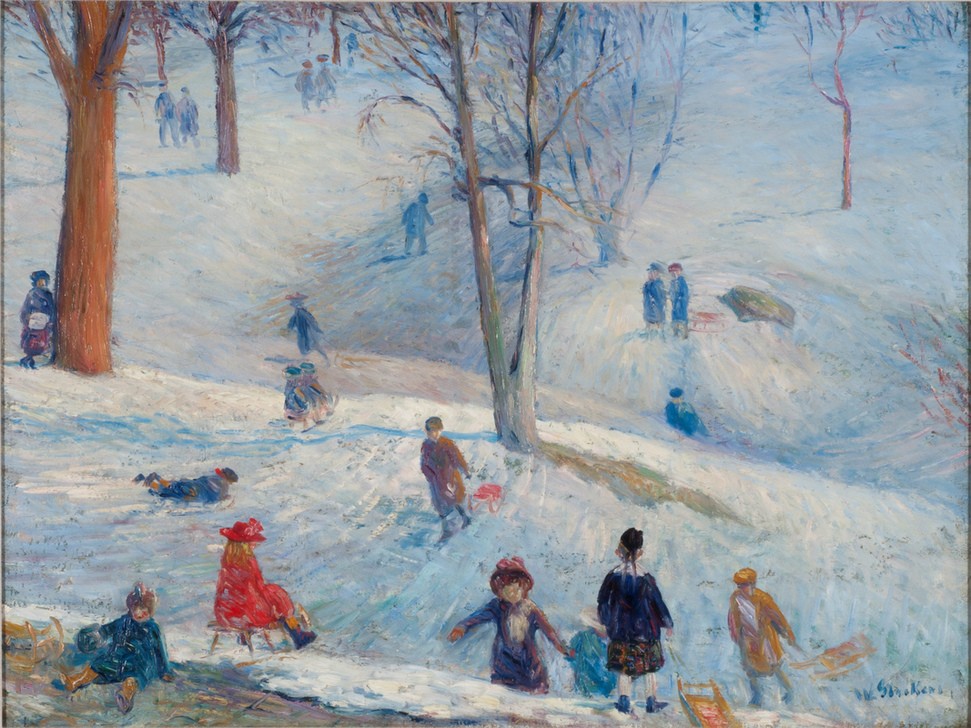 William Glackens, Rodeln, Central Park (Ausflug,Jahreszeiten,Kind,Kunst,Landschaft,Mensch,Park,Freizeit,Rodeln,Schlittenfahren,Winter,Wintersport,Schnee,Realismus,Baum,Genre,Amerikanische Kunst,Eisberg,Us-Amerikanische Kunst,Ashcan School)