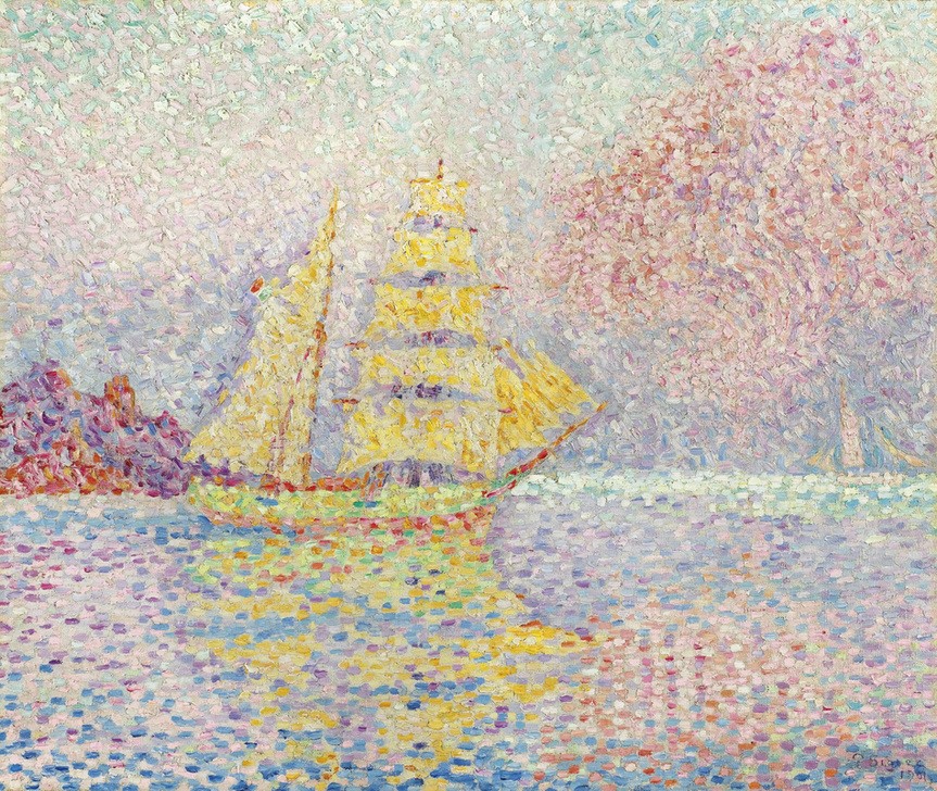 Paul Signac, Italian brig at Agay, 1901 (Küste,Landschaft,Tor,Meer,Impressionismus,Poesie,Licht,Ufer,Bucht,Jacht,Natur,Segel)