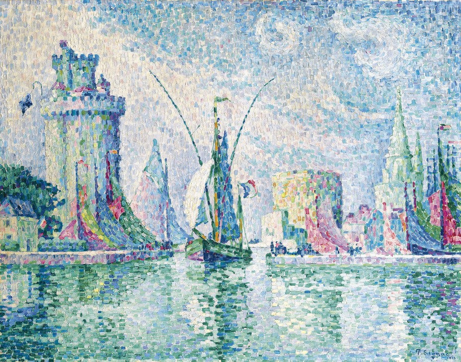 Paul Signac, Les Tours Vertes, La Rochelle (Küste,Landschaft,Tor,Meer,Impressionismus,Poesie,Licht,Ufer,Bucht,Jacht,Natur,Segel)