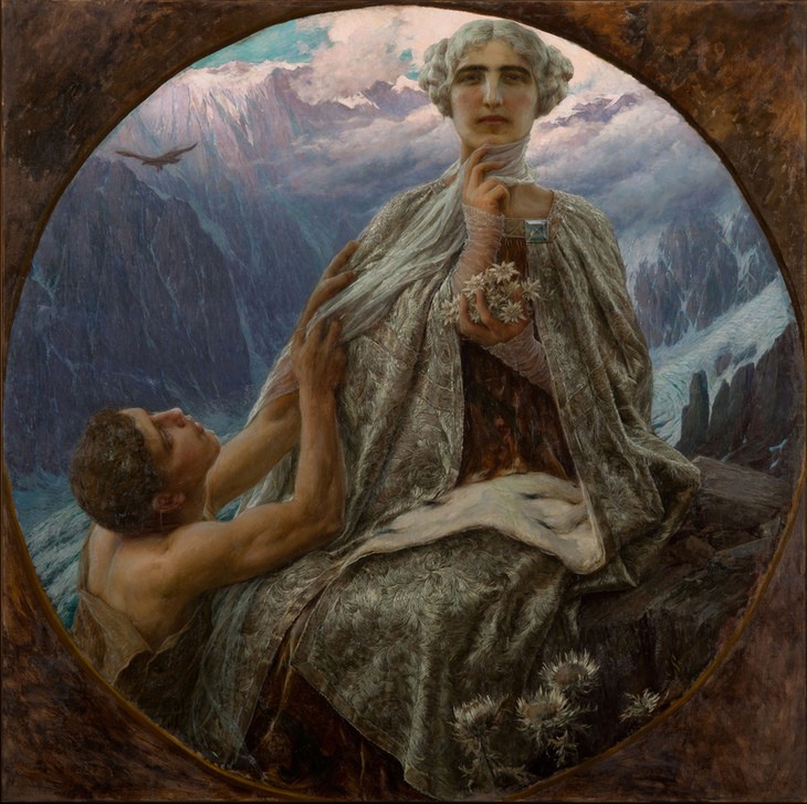 Cesare Saccaggi, Der Berggipfel. Die Eiskönigin (Märchen, Eiskönigin, Junge, Kay, Zauber, Symbolismus, Malerei, Wunschgröße, Rundbild, Wohnzimmer, Treppenhaus, bunt)