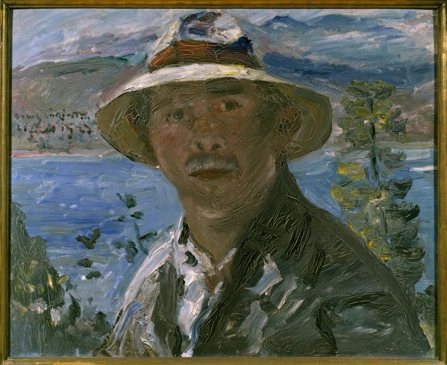 Lovis Corinth, Selbstbildnis (Deutsche Kunst,Grafiker,Künstler,Landschaft,Maler (Künstler),Mann,Impressionismus,Hut,Selbstbildnis,Portrait,Im Freien (Allgemein),Brustbild,Person)