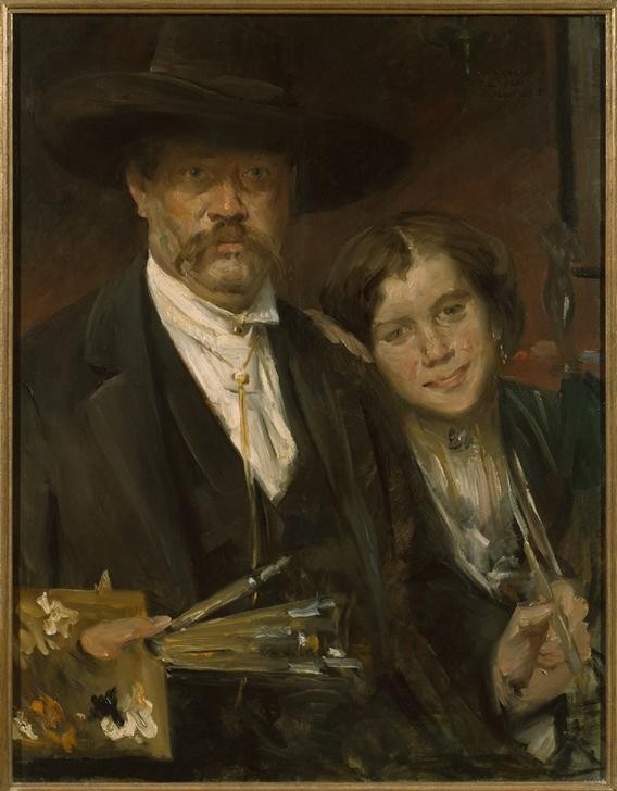 Lovis Corinth, Selbstbildnis mit Modell (Deutsche Kunst,Grafiker,Frau,Herrenhut,Künstler Und Modell,Künstler,Maler (Künstler),Mann,Modell,Impressionismus,Hut,Selbstbildnis,Portrait,Palette,Pinsel,Jahrhundertwende,Doppelportrait,Halbfigur,Person)