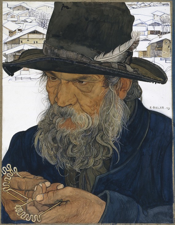 Ernest Bieler, Nagelschmied in Granois (Alter Mann, Bart, Hut, Winter, Schnee, Dorf, Schweizer,Wunschgröße, Jugendstil, klassische Moderne, Wunschgröße, Wohnzimmer,)