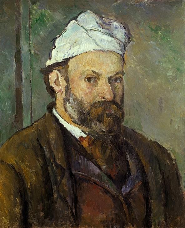 Paul Cézanne, Portrait de l’artiste au bonnet blanc (Kopfbedeckung,Künstler,Maler (Künstler),Mann,Impressionismus,Bart,Selbstbildnis,Portrait,Französische Kunst,Vollbart,Brustbild,Person,Mütze)