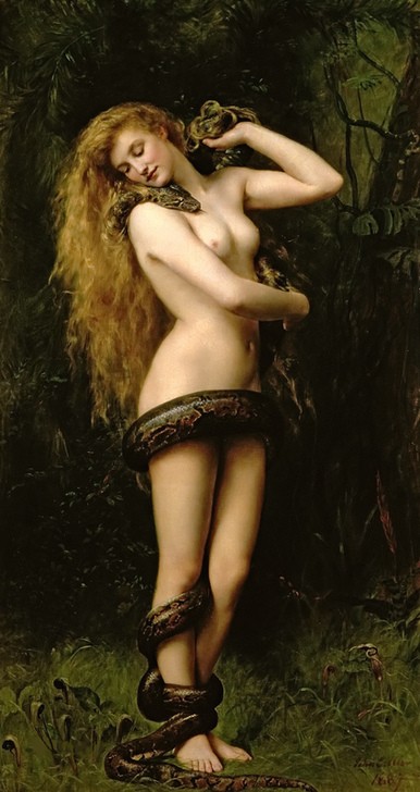 JOHN William COLLIER, Lilith, 1887 (Mythologie, Dämon, weiblich, nackte Frau, Haarpracht, Aktmalerei, Schlange, Erotik, Präraffaeliten, Wunschgröße, Wohnzimmer, Klassiker)