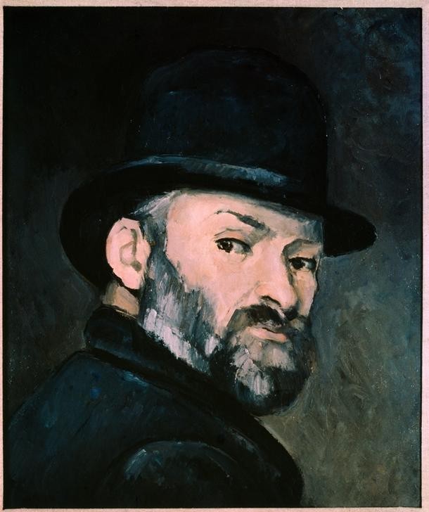 Paul Cézanne, Autoportrait au chapeau melon (Herrenhut,Kopfbedeckung,Künstler,Kunst,Maler (Künstler),Mann,Impressionismus,Hut,Selbstbildnis,Portrait,Französische Kunst,Kopf,Blick Über Die Schulter,Melone (Hut),Person)