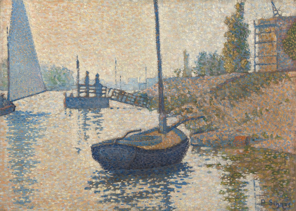 Paul Signac, Ponton de la Félicité at Asnières (Jahreszeiten,Landschaft,Sommer,Impressionismus,Poesie,Licht,Natur)