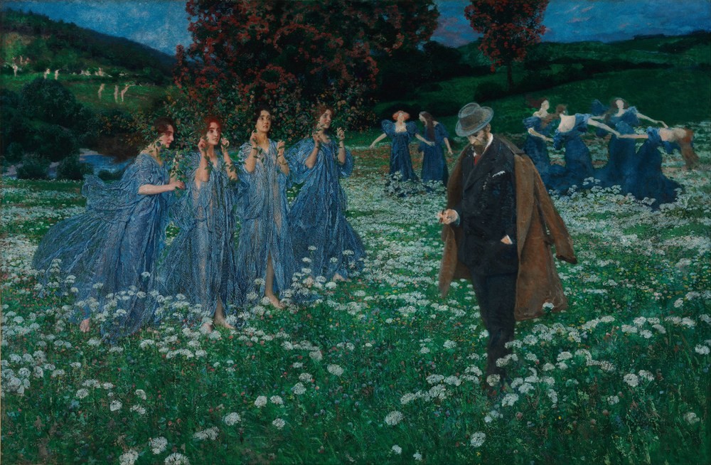 Maximilian Lenz, A World, 1899 (Mann, elegant, Spaziergang, nachdenklich, Natur, Frühling, Jahreszeit, tanzende Frauen, Symbolismus, Wunschgröße, Klassische Moderne, Wohnzimmer, bunt)