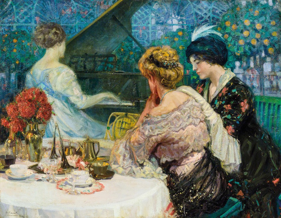 Ulisse Caputo, Die Klavierspielerin (Abendessen, Musik, Damen, Lokal,  Klavier, Genremalerei, Divisionismus, klassische Moderne, Wunschgröße, Wohnzimmer, Malerei,)