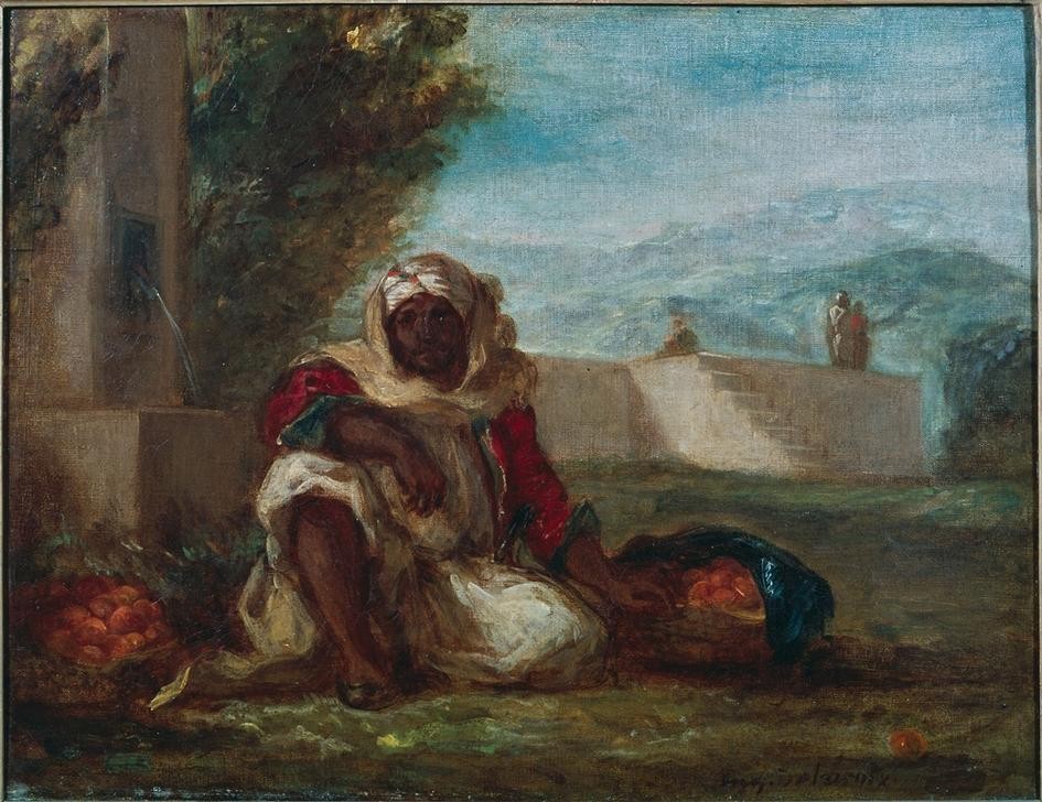 Eugene Delacroix, Un marchand d’oranges (Handel,Kunst,Mann,Obst,Strassenhandel,Völkerkunde,Wirtschaft (Ökonomie),Orientalismus,Französische Kunst,Schneidersitz,Romantik,Strassenhändler,Apfelsine,Islamische Länder,Islamische Welt)