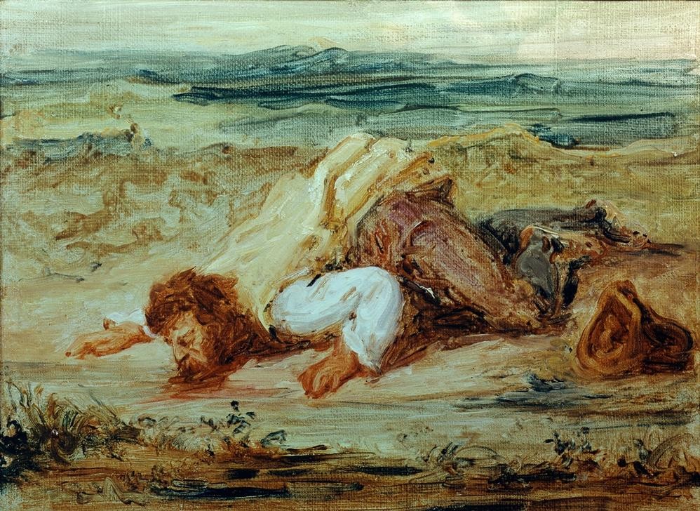 Eugene Delacroix, Pâtre romain (Brigand blessé se trainant près d’un ruisseau (Kunst,Mann,Räuber,Recht,Trinken,Durst,Französische Kunst,Romantik,Kriechen,Männerleben,Verwundung)