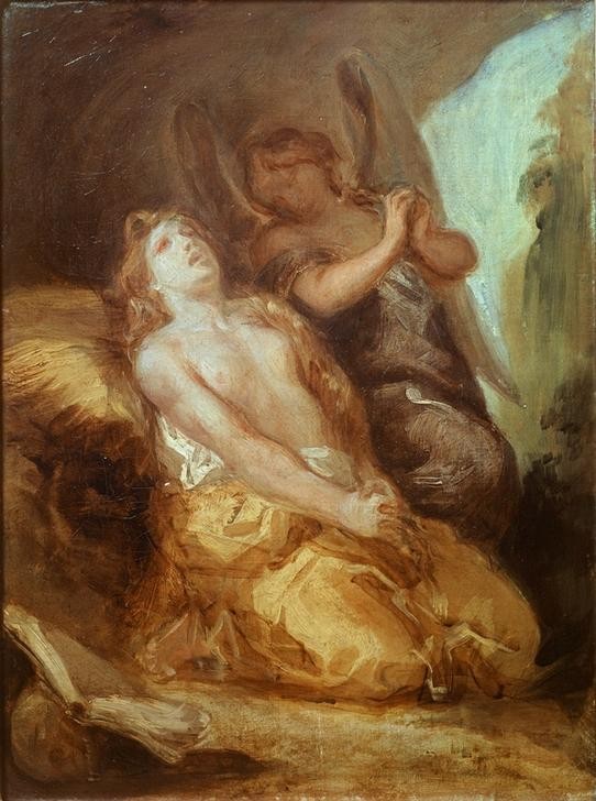 Eugene Delacroix, Sainte Marie-Madeleine en prière (Christentum,Engel,Gebet,Heilige,Kunst,Religion,Bibel,Reue,Französische Kunst,Trost,Romantik,Busse,Blick Zum Himmel)