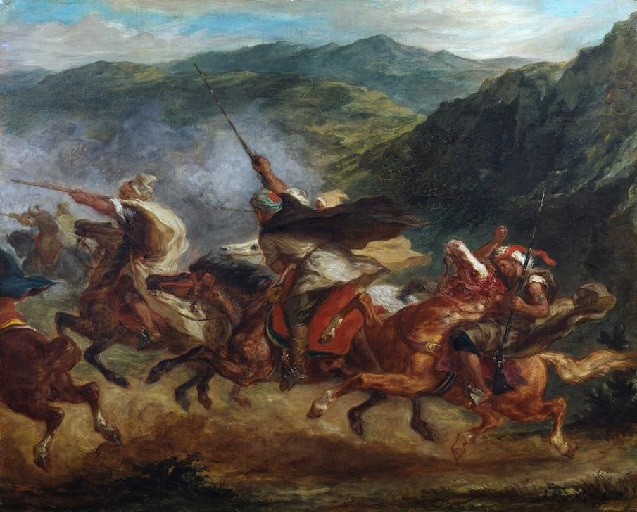 Eugene Delacroix, Arabes en course (Krieg,Kunst,Pferd (Tier),Völkerkunde,Reiter,Angriff,Französische Kunst,Reiten,Romantik,Krieger,Bewegung,Geschwindigkeit)