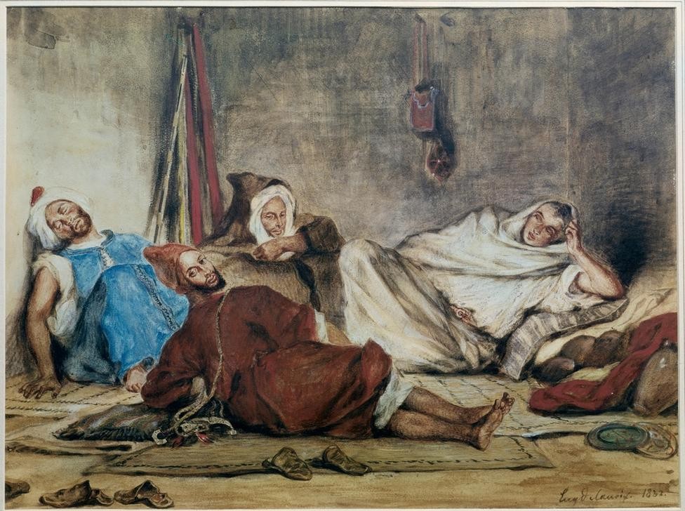 Eugene Delacroix, Intérieur d’un corps de garde (Kunst,Militär,Soldat,Völkerkunde,Orientalismus,Wachtposten,Französische Kunst,Romantik,Krieger,Liegen,Matte,Leibwache)