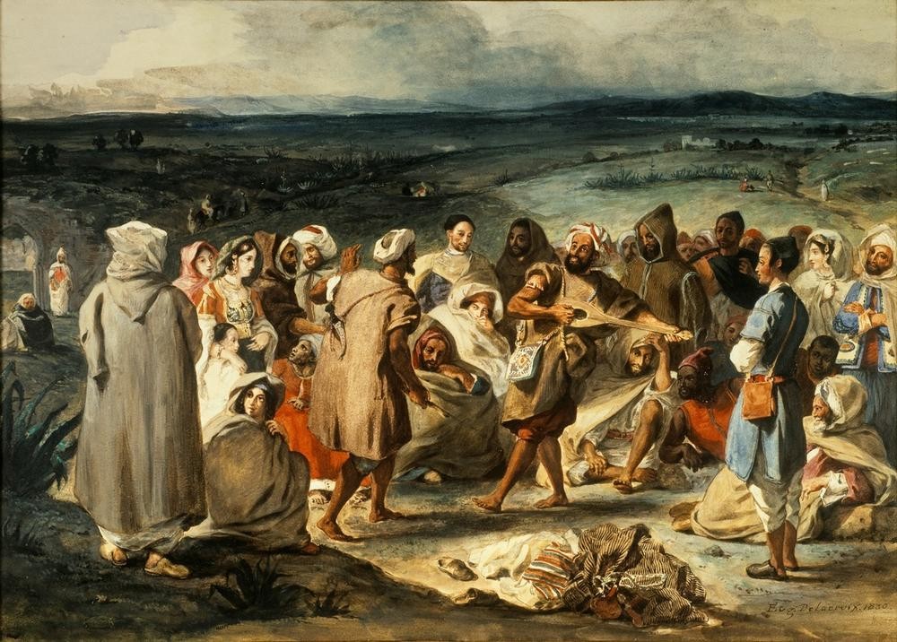 Eugene Delacroix, Arabes dansant (Kunst,Musik,Saiteninstrument,Tanz,Völkerkunde,Orientalismus,Volkstanz,Französische Kunst,Zuschauen,Zuschauer,Musikant,Romantik,Zuschauerin)