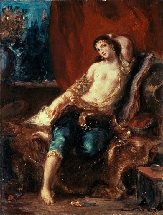 Eugene Delacroix, Odalisque (Frau,Kunst,Akt,Harem,Französische Kunst,Odaliske,Erotische Kunst,Halbakt,Barfuss,Romantik,Verführerisch)
