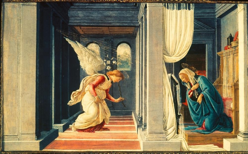 Sandro Botticelli, Die Verkündigung an Maria (Christentum,Engel,Florentinische Kunst,Kunst,Lilie,Religion,Toskanische Kunst,Renaissance,Neues Testament,Bibel,Erzengel,Marienleben,Verkündigung An Maria,Italienische Kunst,Vorhang,Kindheit Jesu)