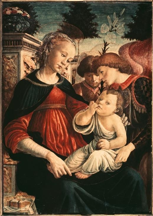 Sandro Botticelli, Maria mit Kind und zwei Engeln (Christentum,Engel,Florentinische Kunst,Kunst,Lilie,Religion,Toskanische Kunst,Maria Mit Kind,Neues Testament,Bibel,Italienische Kunst,Jesusknabe,Frührenaissance)