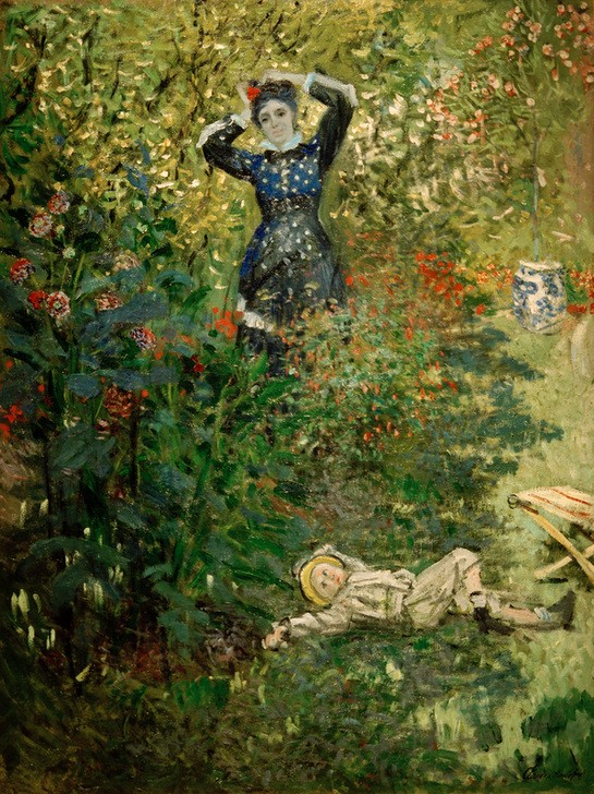 Claude Monet, Camille und Jean im Garten von Argenteuil (Ehefrau,Familie,Frau,Kind,Maler (Künstler),Impressionismus,Hausgarten,Künstlerfrau,Mutter Und Sohn,Künstlerhaus (Wohnhaus),Französische Kunst,Im Freien (Allgemein),Knabe,Menschen Im Garten,Künstlerfamilie,Sohn,Blume,Liegen,Person,Garten)