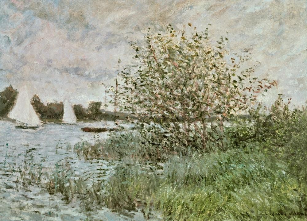 Claude Monet, Les bords de la Seine près d’Argenteuil (Gewässer,Kunst,Landschaft,Impressionismus,Segelboot,Fluss,Französische Kunst,Ufer)