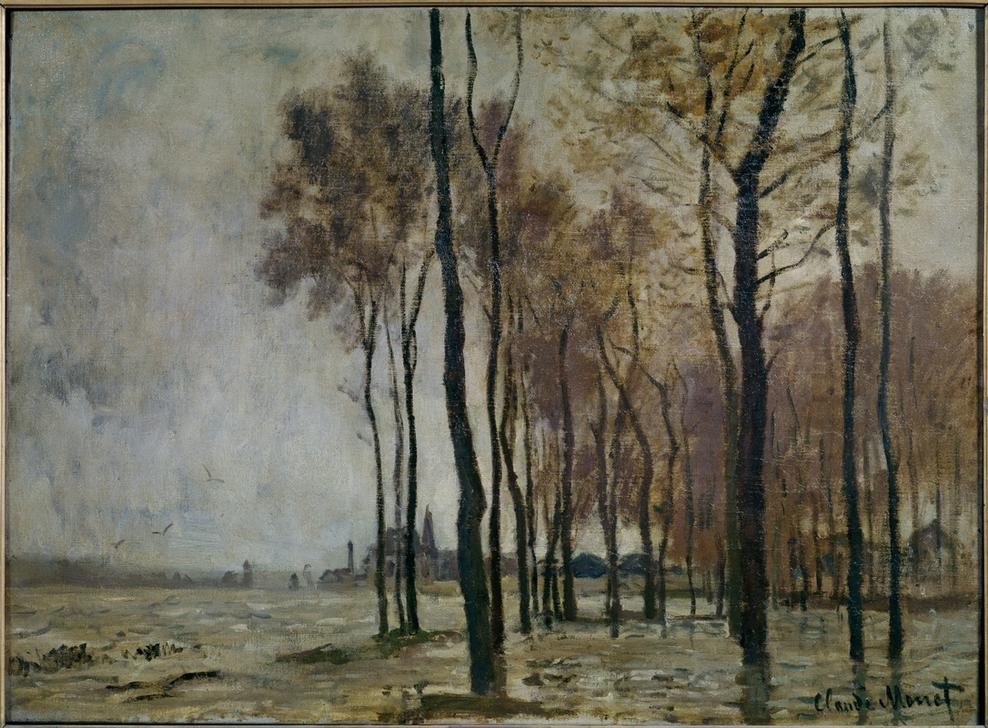 Claude Monet, L’innondation à Argenteuil (Elemente,Gewässer,Hochwasser,Jahreszeiten,Kunst,Landschaft,Uferpromenade,Wasser,Winter,Impressionismus,Fluss,Überschwemmung,Französische Kunst,Ufer,Naturkatastrophe)