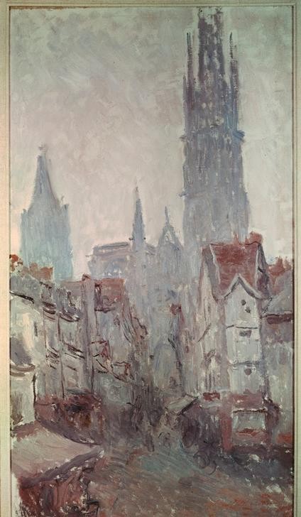 Claude Monet, La rue e l’Épicerie à Rouen (Altstadt,Kunst,Stadt,Strasse (Allgemein),Platz,Impressionismus,Vedute,Architekturdarstellung,Französische Kunst,Kirchturm,Kathedrale)