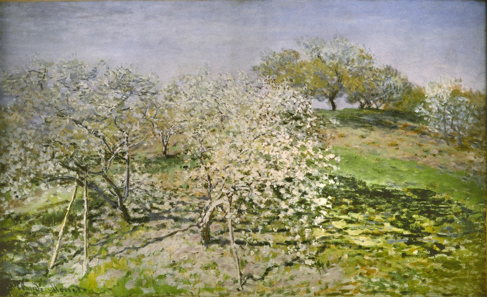 Claude Monet, Printemps. Pommiers en fleurs (Baumblüte,Jahreszeiten,Kunst,Landschaft,Obstbau,Obstgarten,Impressionismus,Frühling,Baum,Französische Kunst,Apfelbaum)