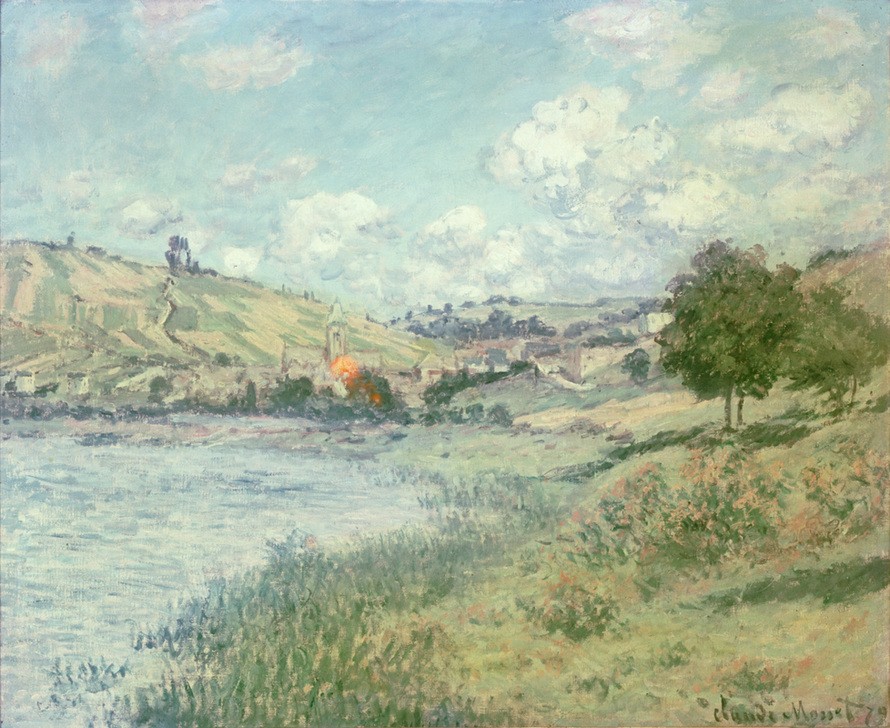 Claude Monet, Paysage, Vétheuil (Gewässer, Landschaft, Fluss,Berge, Hügel, Landschaftsmalerei,  Französische Kunst, Impressionismus, Wunschgröße, Wohnzimmer, Klassiker, Malerei)