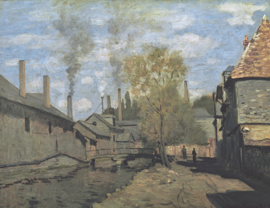 Claude Monet, Le ruisseau de Robec (Industrie, Fabrik, Werk, Schornsteine, Rauch, Architektur, trist,  Französische Kunst, Impressionismus, Wunschgröße, Wohnzimmer, Klassiker, Malerei)