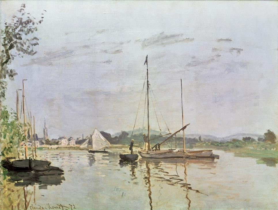 Claude Monet, La barque, Argenteuil (Landschaft, Schiff, Fluss, Barke, Landschaftsmalerei, REflexionen, Französische Kunst, Impressionismus, Wunschgröße, Wohnzimmer, Klassiker, Malerei)
