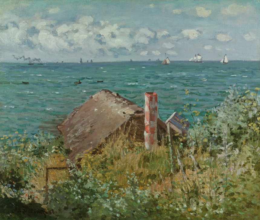 Claude Monet, Cabane à Sainte-Adresse (Haus,Küste, Landschaft, Hütte, Meer, Horizont, Segelboote, Französische Kunst, Impressionismus, Wunschgröße, Wohnzimmer, Klassiker, Malerei)