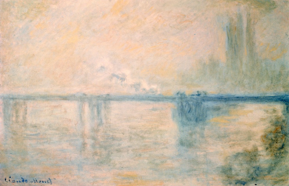 Claude Monet, Charing Cross Bridge (Brücke, Eisenbahnbrücke, diffus, Dunst, Nebel, Westminster Bridge, Französische Kunst, Impressionismus, Wunschgröße, Wohnzimmer, Klassiker, Malerei, bunt)