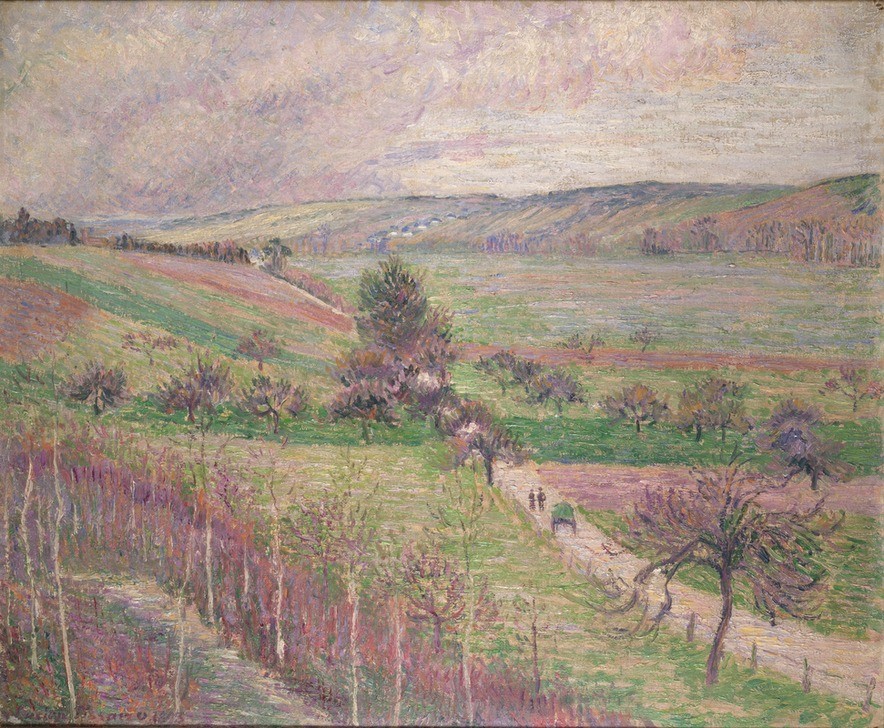 Camille Pissaro, The Thierceville Road, Early Spring, 1893 (Geographie,Kunst,Landschaft,Impressionismus,Frühling,Baum,Perspektive,Tag,Hügel,Ansicht,Natur,Grün,Betrieb,Farbe)