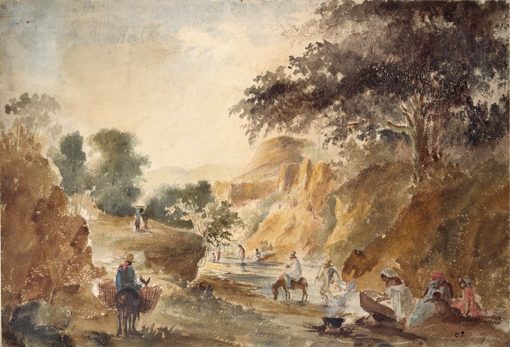 Camille Pissaro, Landscape with figures by a river, 1853-1854 (Frau,Geographie,Kunst,Mann,Pferd (Tier),Impressionismus,Fluss,Baum,Tag,Dame,Maultier,Tier,Natur,Betrieb)