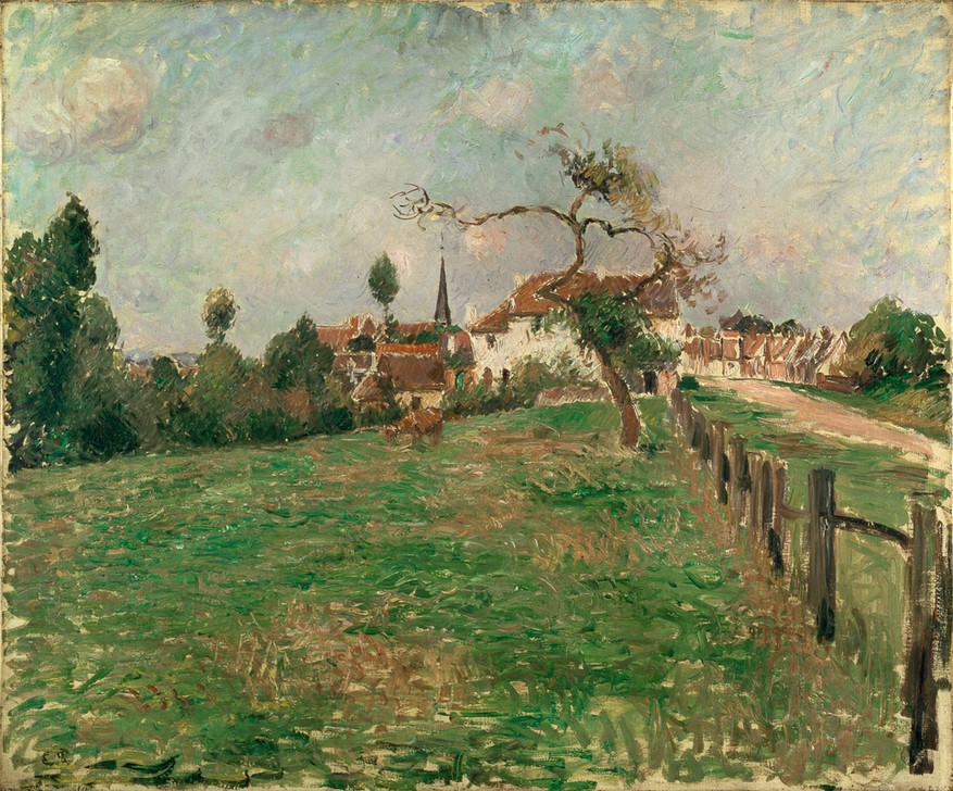 Camille Pissaro, The Village of Eragny, 1885 (Dorf,Kunst,Rind,Impressionismus,Zaun,Baum,Perspektive,Tag,Feld,Tier,Natur,Braun,Betrieb,Farbe)