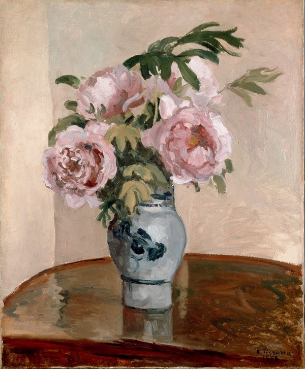 Camille Pissarro, Rosa Pfingstrosenstrauß (Botanik,Kunst,Impressionismus,Stillleben,Blumenstrauss,Vase,Französische Kunst,Blume,Pfingstrose,Rosa (Farbe))