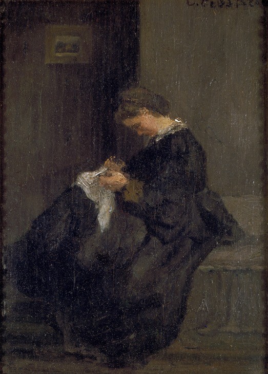 Camille Pissarro, Mme Pissarro beim Nähen (Ehefrau,Frau,Handarbeit,Kunst,Impressionismus,Ehefrau Von Berühmten,Portrait,Nähen,Künstlerfrau,Tag,Französische Kunst,Kleid,Dame,Profil,Sitzen,Ganzfigurig,Farbe)