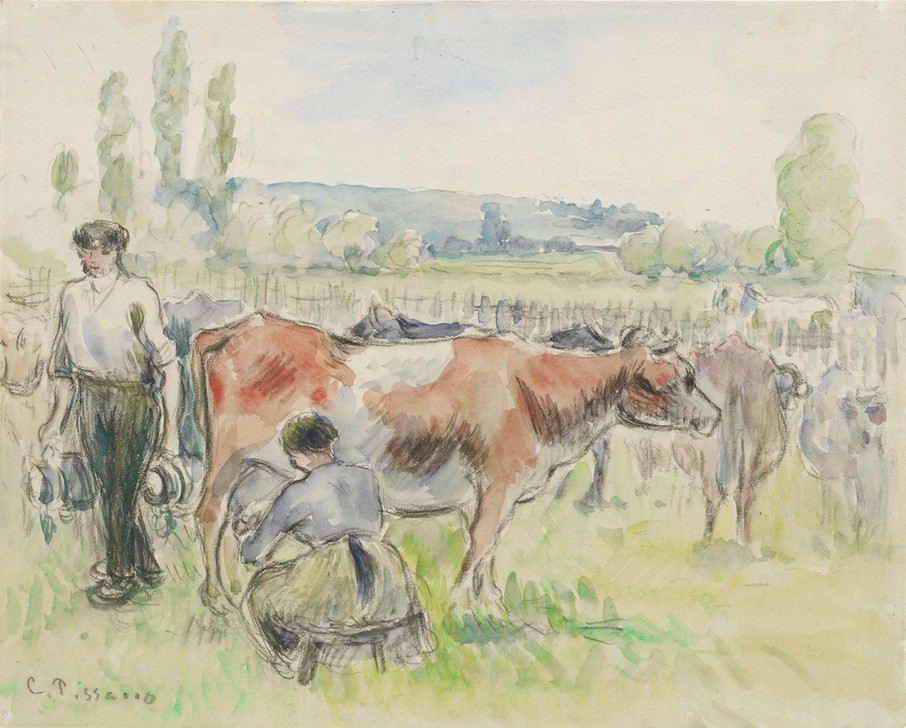 Camille Pissaro, Compositional study of a milking scene at Eragny-sur-Epte, 1884 (Frau,Kunst,Mann,Rind,Impressionismus,Zaun,Portrait,Melken,Tag,Dame,Tier,Braun,Vieh,Landwirtschaft,Farbe)