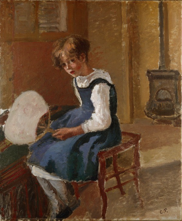 Camille Pissarro, Porträt von Jeanne mit Fächer (Fächer,Kind,Kunst,Mädchen,Möbel,Impressionismus,Portrait,Tochter,Französische Kunst,Kleid,Stuhl,Jungverstorbene,Sitzen,Tochter Von Berühmten,Ganzfigurig,Person,Trägerrock,Hocker (Sitzmöbel))