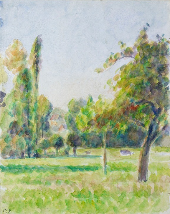 Camille Pissaro, Study of the orchard of the artist's house at Eragny-sur-Epte, c1890 (Haus,Jahreszeiten,Kunst,Sommer,Obstgarten,Impressionismus,Baum,Studie,Tag,Natur,Grün,Gebäude,Betrieb,Landwirtschaft,Farbe)