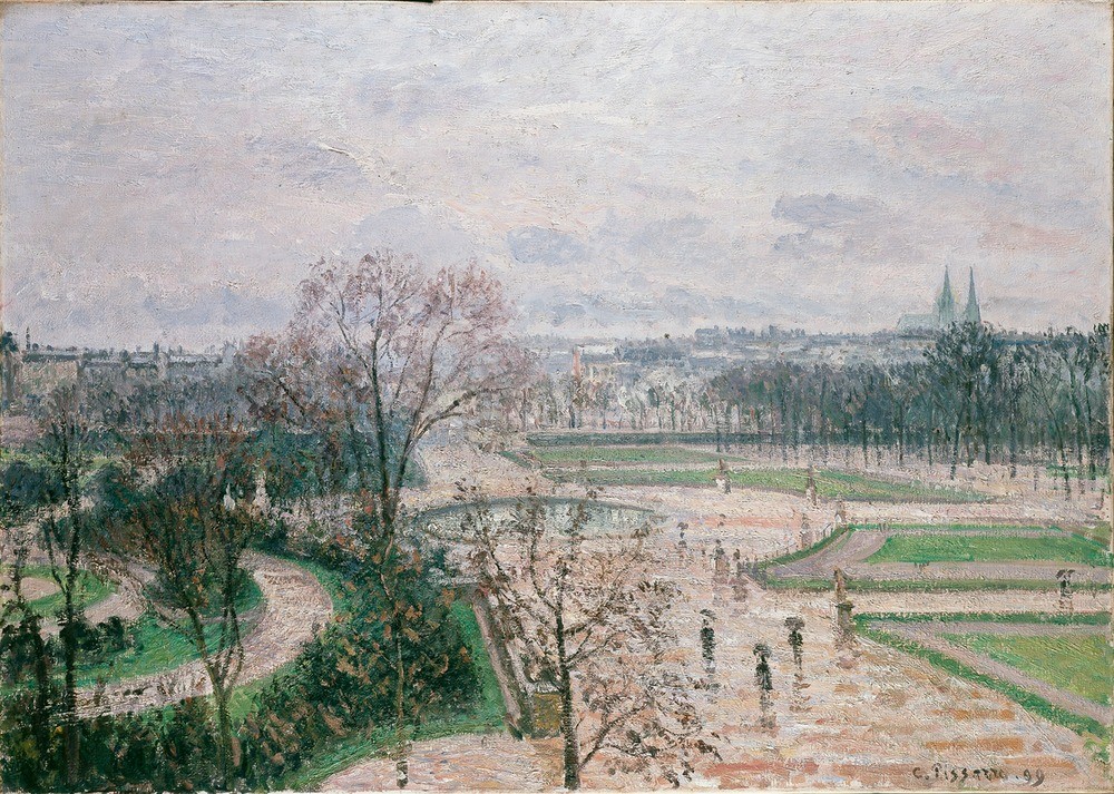 Camille Pissaro, The Tuileries Gardens, Rainy Weather, 1899 (Kunst,Park,Wetter,Impressionismus,Baum,Ansicht,Natur,Betrieb,Garten,Farbe)