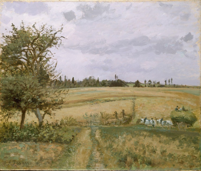 Camille Pissaro, Landscape at Pontoise, 1872 (Kunst,Transport,Wetter,Impressionismus,Heu,Baum,Feld,Natur,Betrieb,Farbe)