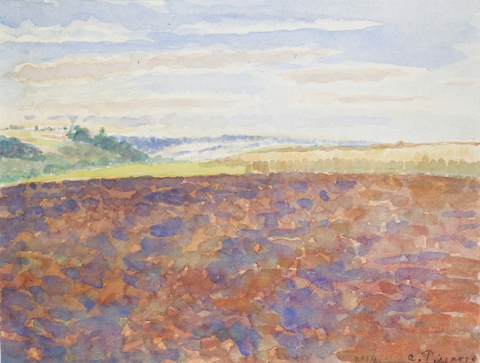 Camille Pissaro, Study of a landscape with a ploughed field, Eragny-sur-Epte (Landschaft,Studie,Feld,Ansicht,Braun,Landwirtschaft,Farbe)