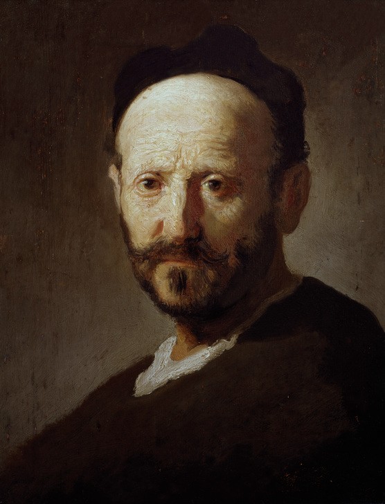 Rembrandt Harmenszoon van Rijn, Bildnis eines Mannes mit Kappe (Kopfbedeckung,Mann,Mensch,Bart,Barock,Portrait,Niederländische Kunst,Holländische Kunst,Kappe (Kopfbedeckung),Alter Mann,Brustbild)